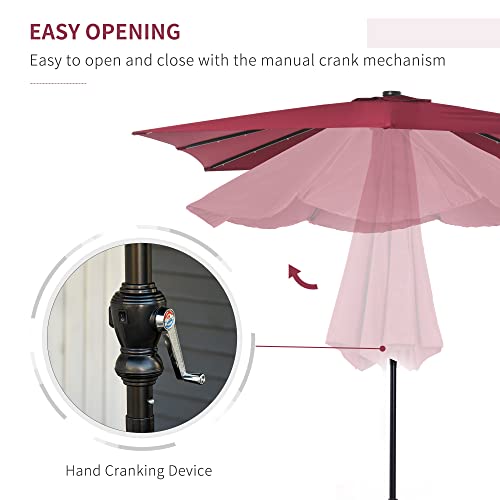 Outsunny 9' x 7' Solar Umbrella, LED Lighted Patio Umbrella for Table or Base with Tilt & Crank, Outdoor Umbrella for Garden, Deck, Backyard, Pool, Beach - color: Red