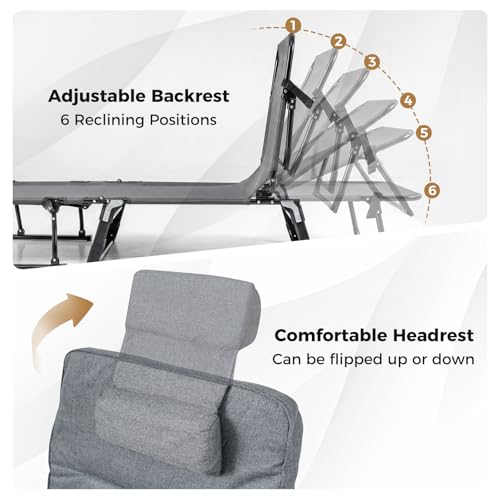 Tangkula Lounge Chair Outdoor with Cushion, 3 in 1 Convertible Outdoor Indoor Heavy Duty Folding Chaise Lounge Chair with 6-Position Adjustable Backrest & Flip-up Pillow (1,Gray)