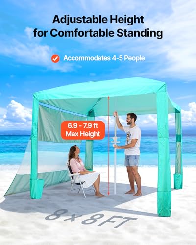 VEVOR Beach Cabana, 8 x 8 ft Beach Canopy with Side Wall, UPF 50+ Protection Easy Setup Cabana Tent with Sand Pockets, Adjustable Height Portable Shade Sun Shelter Umbrella for Family & Friends, Green - color: Green, size: 8*8