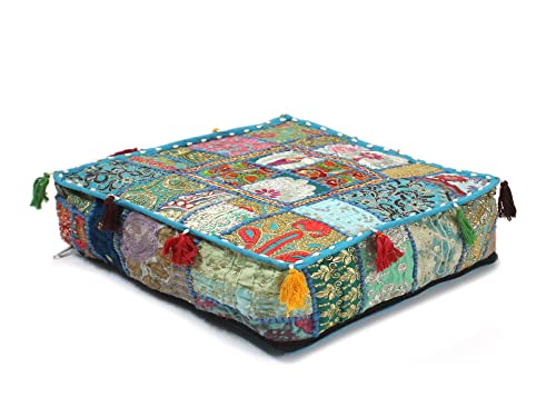 Mam Treasures Indian Bohemian Decorative Pillow Vintage Cushion Cover Patchwork Square Floor Pillow Cover Meditation Cushion Large Floor Pillow Indian Cushion (Light Blue, 22 X 22 X 5 Inch) - color: Light Blue, size: 22" x 22" (Pack of 1)