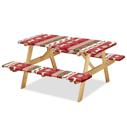 Xmas Table Cloth with Bench Covers 3 PCS for Outdoor Christmas Reindeers Camping Accessories Fitted Outdoor Tablecloth - color: Christmas Reindeers, size: Small