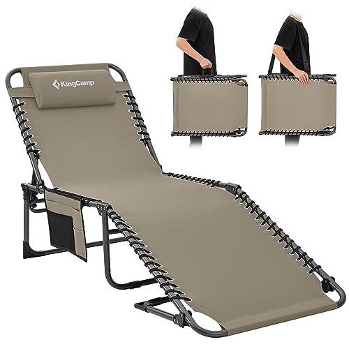 KingCamp Lounge Chair Outdoor, Folding Portable Tanning Chairs Comfy Adjustable 5-Position Lay Flat Foldable Chaise Chaser Lounger with Pillow for Outside Beach Patio Sun Bathing Pool, Beige - color: A*trifold Origins——beige, style: oversized
