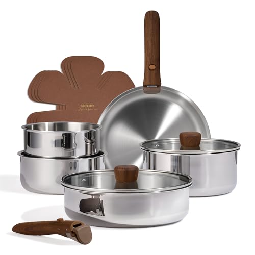 CAROTE 13pcs Tri-Ply Stainless Steel Cookware Set with Detachable Handle, Pots and Pans Set, Induction Kitchen Cooking Sets, RV/Camping Cookware, Oven Safe, Woodgrain Style - color: Polished Silver, size: 13 PCS
