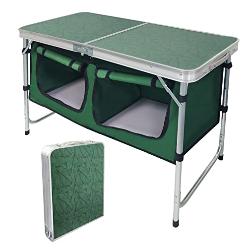CampLand Outdoor Folding Table Aluminum Lightweight Height Adjustable with Storage Organizer for BBQ, Party, Camping - color: Green