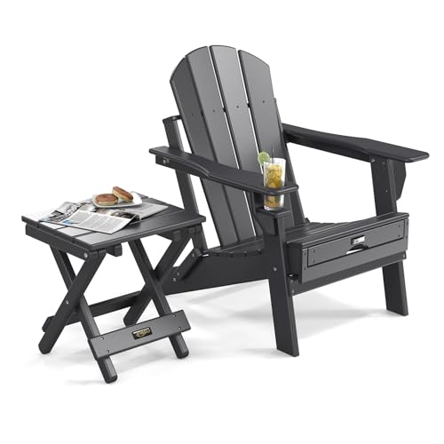 VINGLI Small HDPE Folding Side Table, Plastic Waterproof Portable Adirondack Coffee End Tables, All Weather for Patio, Backyard, Pool, Indoor Use, Slats Style, Black