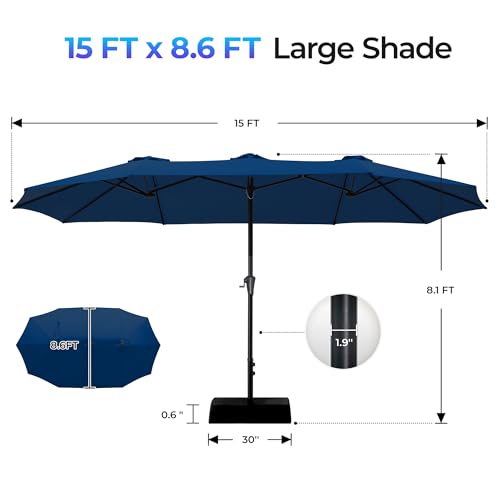 SUPERJARE 15FT Outdoor Patio Umbrella with Base Included, Double Sided Pool Umbrellas with Fade Resistant Canopy, Extra-Large Table Umbrella for Deck, Market, Backyard, Navy Blue - color: Navy Blue, size: 15ft