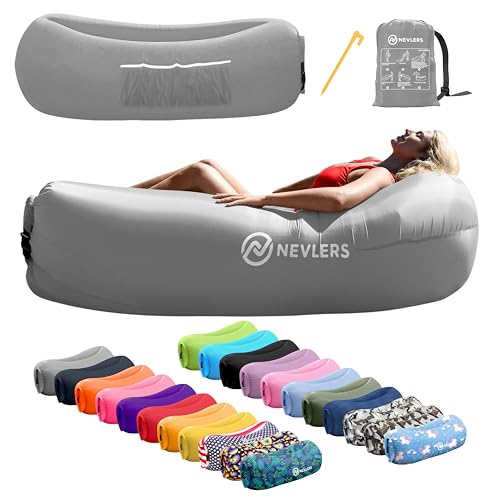Nevlers Gray Inflatable Lounger | 210T Polyester Inflatable Chair | No-Pump Blow Up Couch | Air Sofa w/ 450lbs. Capacity, Pockets & Matching Bag | Use as Beach Chair Inflatable Couch for Adults & Kids - color: Grey, size: 1 Pack