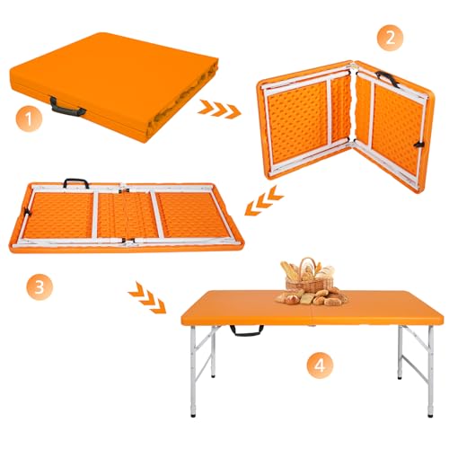 Portable 4Ft Folding Table, Heavy Duty Plastic Fold-in-Half Utility Foldable Table Small, Adjustable Height Plastic Folding Table with Carrying Handle for Camping &Party Indoor/Outdoor(Orange) - color: Orange, size: 4Ft