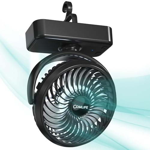Camping Fan with LED Lantern - Rechargeable Battery Operated Fan, 35H Run Time Max, 3 Speeds, Portable Desk Fan with Hook for Tent Car RV Outdoor Emergency Outage Hurricane - size: 5.5 inch