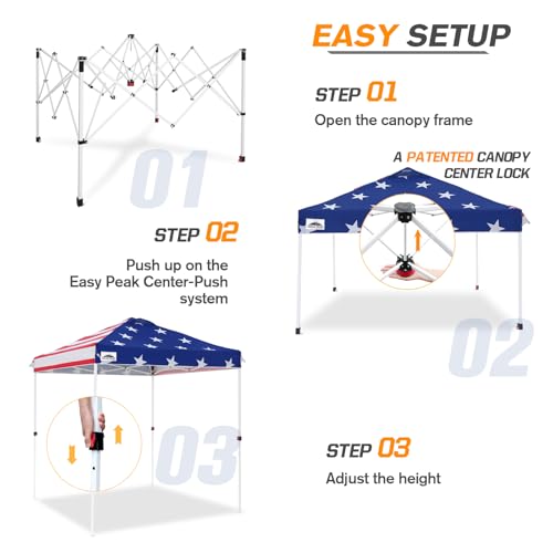 EAGLE PEAK Pop Up Canopy Tent with Wheeled Carry Bag, 8 Stakes, 4 Ropes, Easy Set Up Tent Canopy, 6.6x6.6 ft, American Flag - color: American Flag, size: 6.6x6.6