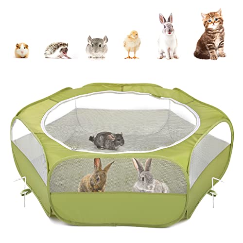 Pawaboo Small Animals Playpen, Waterproof Small Pet Cage Tent with Zippered Cover, Portable Outdoor Yard Fence with 3 Metal Rod for Chick/Kitten/Puppy/Guinea Pig/Rabbits/Hamster/Chinchillas,Green - color: A-Green