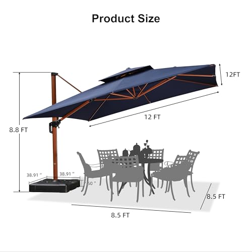 PURPLE LEAF 12ft Patio Umbrella with Base Outdoor Square Umbrellas Large Cantilever Umbrella Windproof Offset Umbrellas Heavy Duty Sun Umbrella for Garden Deck Pool Patio, Navy Blue - color: Navy Blue, size: 12'X12', style: Base Included