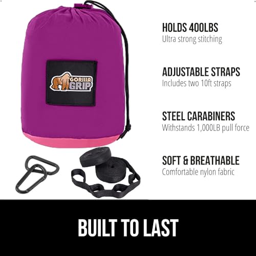 GORILLA GRIP Durable Camping Hammock with Heavy Duty Tree Straps, Portable Hammocks for Outside, Easy to Use Travel Swing Chair, Outdoor Camper Hiker Essentials, Backpacking Gear Gifts, Single, Purple - color: Purple/Pink, size: Single (9' x 4.5')