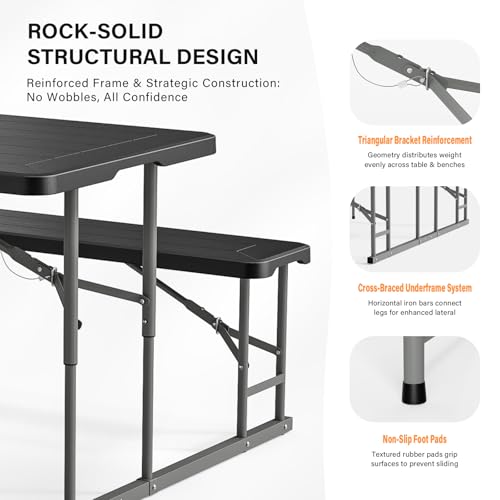 VINGLI Folding Picnic Table and Bench Set, Portable Outdoor Dining Furniture for Camping, Patio, Backyard, Wood Grain Plastic Top with Metal Frame (Black) - color: Black, style: Standard