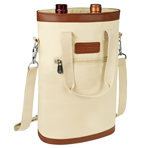 opux Two Bottle Wine Bag Carrier Tote, Insulated Leakproof 2 Bottle Wine Cooler Bag for Travel BYOB Picnic, Portable Wine Case, Gift for Men Women Wine Lover Birthday Party Christmas, Cream Beige - color: Cream Beige