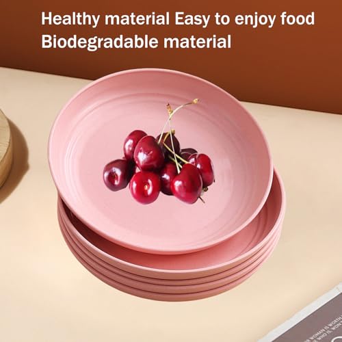 Wheat Straw Dinner Plates Set of 4, Unbreakable Reusable Plates, Lightweight Microwave & Dishwasher Safe, BPA Free Pink Dinnerware for Kitchen, Camping & Daily Use - color: Pink