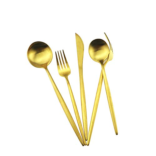 5-Piece 18/10 Stainless Steel Matte Gold Flatware Set - Dishwasher Safe, Perfect for Home, Office, or Travel - color: Gold, size: Service for 1