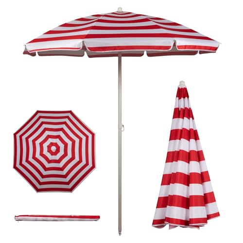 PICNIC TIME 5.5 Ft Portable Beach Umbrella, Lightweight UV Protection Sunshade with Tilt Pole & Carry Bag, Outdoor Canopy Umbrella for Beach, Sand, Pool, Patio, Camping, Travel, or Backyard Shade, (Red & White Cabana Stripe) - color: Red Cabana Stripe