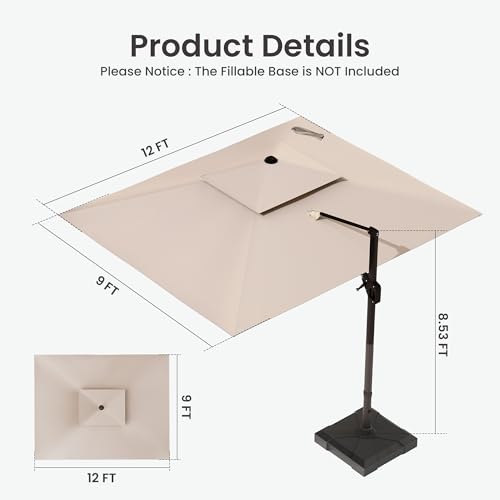 9x12 FT Cantilever Patio Umbrella with Led Lights Double Top Outdoor Rectangular Large Heavy Duty Aluminum Offset Umbrellas with 7 Level Tilt 360-degree Rotation for Pool Garden Deck, Beige - color: Beige, size: 9' X 12'-with Light