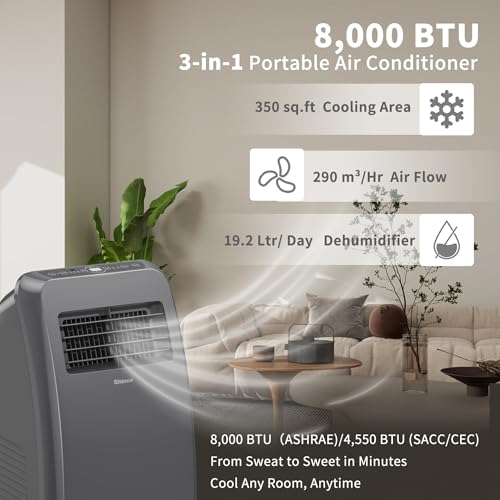 Shinco 8,000 BTU Grey Portable Air Conditioner - 3-in-1 Cool/Dehumidifier/Fan for Rooms Up to 350 sq.ft, Remote Control & 24H Timer, Compact AC Unit for Bedroom/Office - color: SPF2-Grey-Standard, size: 8000 BTU