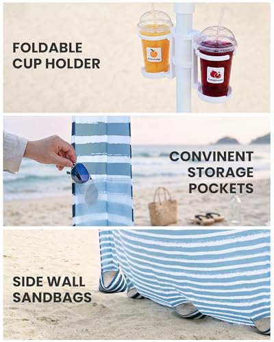Qipi Beach Cabanas for Sand, Beach Canopy with Sandbags & Side Wall for Family, Easy Set Up Sun Shelter, UPF 50+ UV Protection with Roof Vent - color: 8' x 8' Sailor Stripes Dual-Fold