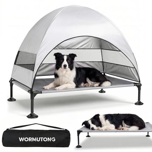 Elevated Outdoor Dog Bed with Canopy, Raised Dog Cot with Stable Adjustable Feet, Dog Camping Bed with Larger Shade, Lifted Dog Tent Bed with Canopy for Outside - color: Grey, size: Large