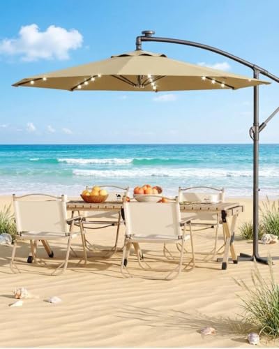 Jojoka 10FT Cantilever Patio Umbrella with Solar LED Lights - Offset Outdoor Umbrella - Easy Lift & Tilt - UV Protection - Fade Resistant - Ideal for Deck, Pool, Garden - color: Beige