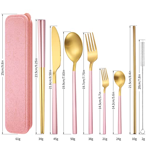 AARAINBOW 6 Pieces Stainless Steel Flatware Set Portable Reusable Cutlery Set Travel Utensils Set Including Chopsticks Knife Fork Spoon Straws Cleaning Brush Dishwasher Safe (B-Pink golden) - color: B-Pink golden