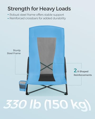 SONGMICS Portable Beach Chair for Adults, Max. Load 330 lb, High Backrest, Cup Holder, Lightweight, Heavy-Duty, Light Blue UGCB61BU - color: Light Blue, style: 1 Pack