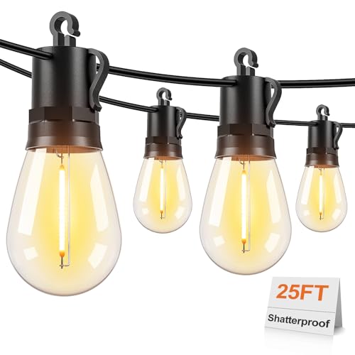 Brightever 25FT Outdoor String Lights Waterproof, LED Patio Lights with 8+1 Shatterproof S14 Edison Bulbs, String Lights for Outside Dimmable, Connectable Hanging Lights for Balcony, Yard, Gazebo - size: 25FT