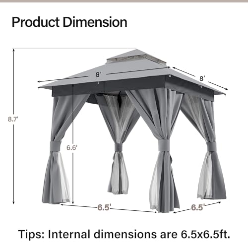LAUSAINT HOME 8'x8' Outdoor Patio Gazebo, Heavy Duty Party Tent & Shelter with Double Roofs, Mosquito Nettings and Privacy Screens for Backyard, Garden, Deck (Grey) - color: Gray, size: 8'x8'