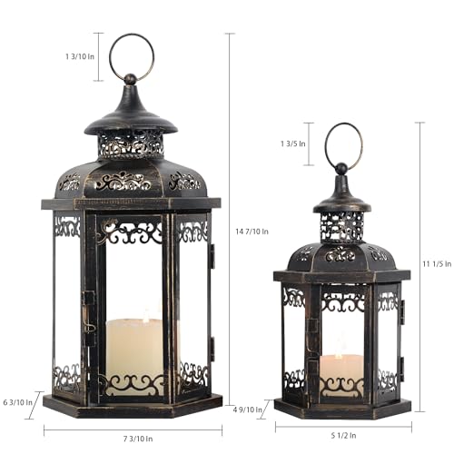 Large Lantern Decorative Outdoor & Indoor, Set of 2 (15’’&11’’) Metal Candle Lanterns Decor, Vintage Hanging Candle Holder for Front Porch Patio Wedding Farmhouse Home, Spring Decoration - color: Black / 14.7''h+11.2''h