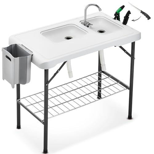 Folding Fish Cleaning Table Portable Camping Double Sinks Table w/2 Dual Water Basins, Faucet Drainage Hose & Sprayer Outdoor Fish Fillet Cleaning Station w/Knife, Storage Box,Black | Portable, Camping, 2 Dual Water Basins, Faucet, Drainage Hose, Sprayer
