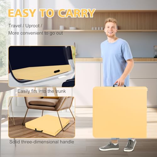 Portable 4Ft Folding Table, Heavy Duty Plastic Fold-in-Half Utility Foldable Table, Adjustable Height Plastic Folding Table with Carrying Handle for Camping &Party Indoor/Outdoor(Light Yellow) - color: Light Yellow, size: 4Ft