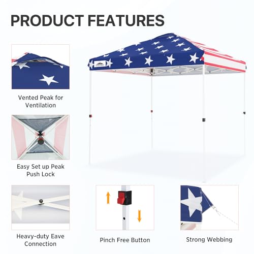 EAGLE PEAK Pop Up Canopy Tent with Wheeled Carry Bag, 8 Stakes, 4 Ropes, Easy Set Up Tent Canopy, 8x8 ft, American Flag - color: American Flag, size: 8x8