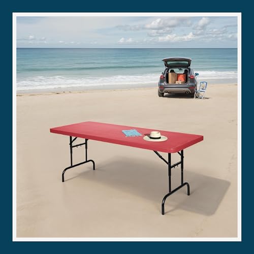 OEF Furnishings OEFBTA-3072-40 Adjustable-Height Commercial-Grade Premium Industrial Folding Table, 6-Foot Pedestal-Leg Design with 17-Gauge Steel Frame and Thick Double-Wall Top (72" × 30", Red Top) - color: Red