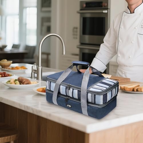 Double Decker Insulated Casserole Carrier, Expandable Thermal Food Warmer Bag Fits 9x13 Dish, Leak-Proof Potluck Lasagna Holder with Utensil Pocket for Picnic Party Cookout (Blue) - color: Blue