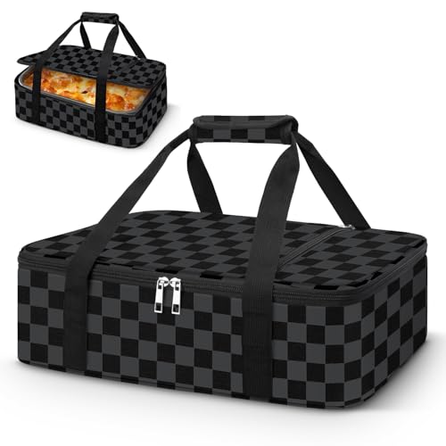Coobiiya Insulated Casserole Carrier,Lasagna Lugger Tote Keeps Food Hot or Cold,Thermal Lunch Bag Warmer & Cooler Carrier Bag,Portable Tote Bag Fits 9" x 13" Baking Dish for Picnic and Cookout - color: Black Grid, size: Single Layer: 15.75 × 11.8 × 4.7 in