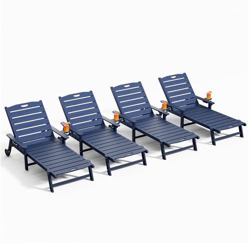 Outdoor Lounge Chair Set of 4 with 5-Position Adjustable, Outside Lounge Chair with Cup Holder, Wheels for Easy Mobility, HDPE Tanning Chair for Poolside, Patio, Blue - color: Blue, size: 4pc