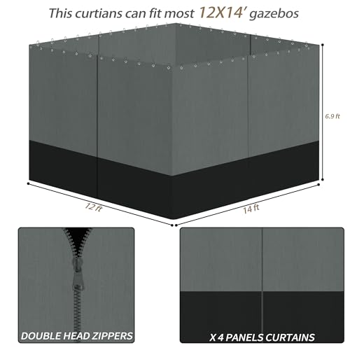 Gazebo Privacy Curtains 12 x 14' with Zipper 4-Panels Side Wall Universal Replacement for Patio, Outdoor Canopy, Garden and Backyard Gray and Black (Curtain Only) - color: Gray and Black, size: 12' x 14'