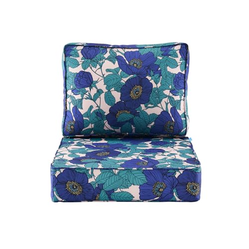 ARTPLAN Deep Seat Outdoor Patio Chair Cushions,2-Piece Seat and Back Cushion Set 24x24x6 and 18x24 Inches,Square,Floral,Blue Flowers - color: Blue Flowers