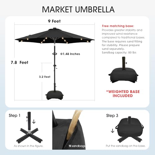 wikiwiki 9FT Solar Led Patio Umbrella with Base Included, 32 LED Lights, 8 Sturdy Ribs, Fade Resistant Waterproof POLYESTER DTY Canopy for Garden, Lawn, Deck, Backyard & Pool, Black - color: Black, size: 9FT
