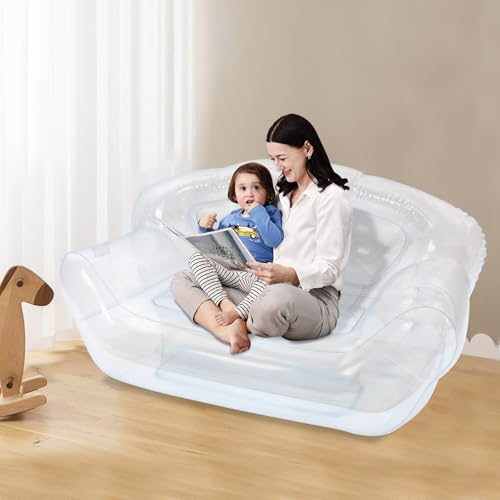 Portable Inflatable Couch with Headboard and Built-in Pump Blow Up Pull Out Couch Folding Inflatable Chair 70.9"×35.4"×37.4" Outdoor Air Sofa for Camping, Backyard, Beach, Party (Clear) - color: Clear