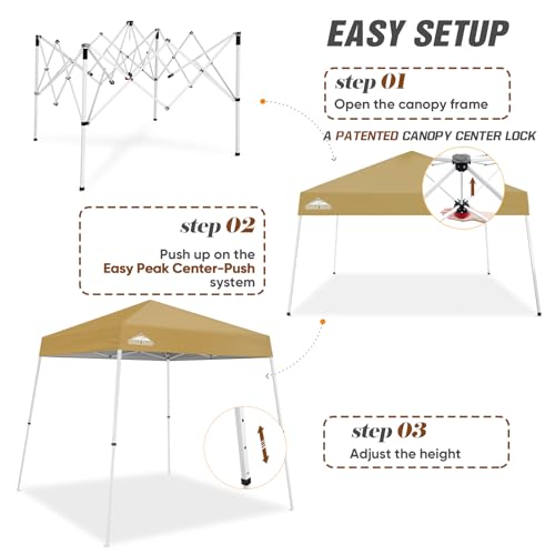 EAGLE PEAK 8x8 Slant Leg Pop-up Canopy Tent Easy One Person Setup Instant Outdoor Beach Canopy Folding Portable Sports Shelter 8x8 Base 6x6 Top (Beige) - color: Beige, size: 8x8