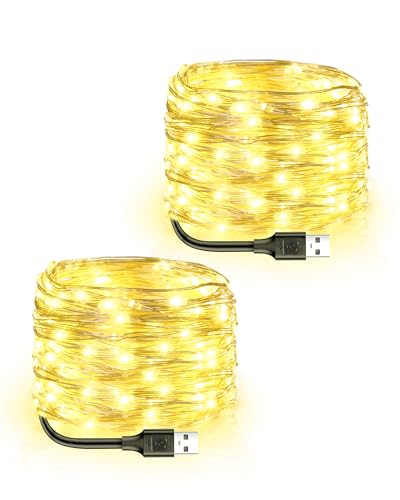 Blingstar USB Powered Fairy Lights, 2 Pack 33Ft 100 LED, Flexible Silver Wire, Mini String Lights for Christmas Tree/Bedroom/Camping/Holiday Indoor Decoration, Warm White - color: Warm White