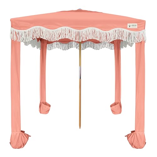 AMMSUN Beach Cabana with Fringe, 7' x 7' Boho Beach Canopy with Tassels, Easy Set up & Premium Wood Pole, Cabana Tent with Sand Pockets, Instant Sun Shade for Sand, Garden, Patio, Coral Pink - color: Coral Pink