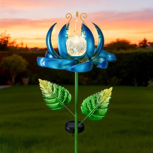 Solar Yard Lights Wind Spinners- Metal Lotus Flower Garden Decor LED Crackle Glass Globe Yard Art Sculpture Solar Stake Lights for Patio Pathway Lawn Walkway (Blue-Large) - color: Blue-large