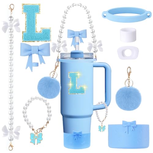 9pcs Stanley Cup Accessories Set- for 30oz 40oz Tumblers with Handle - Bule Kit Includes Bow Straw Topper and Boot, Charm, Pearl Handle Strap & Stickers - Aesthetic Girl Gifts (L) - color: L