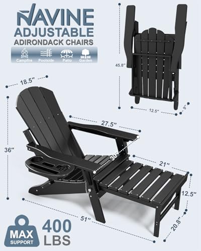 NAVINE Adjustable Adirondack Chair with Retractable Ottoman Set of 4, HDPE Folding Adirondack Chair with Cup Holder, All Weather Fire Pit Chair for Outdoor,Black - color: Black, size: 4 pcs