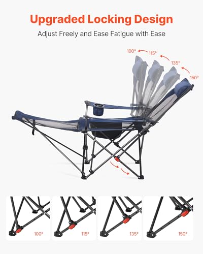 VEVOR 2-in-1 Reclining Camping Chair with Footrest for Adults, 4 Adjustable Positions, Portable Folding Lounger, Lightweight Mesh Beach Chair Supports 220lbs, Heavy Duty Camp Chairs Outdoor, Blue - color: Blue